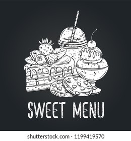 Sweet icon, retro style, vector illustration. Ice cream, lemonade, cookies adn cake