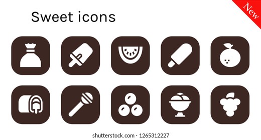  sweet icon set. 10 filled sweet icons. Simple modern icons about  - Sugar, Popsicle, Watermelon, Ice cream, Orange, Snack cake, Lollipop, Chocolates, Grapes