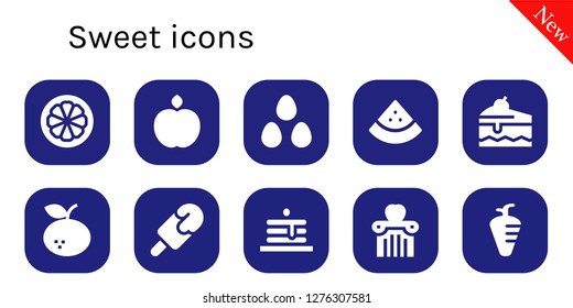  sweet icon set. 10 filled sweet icons. Simple modern icons about  - Mangosteen, Apple, Candies, Watermelon, Cake, Tangerine, Popsicle, Pancakes, Carrot