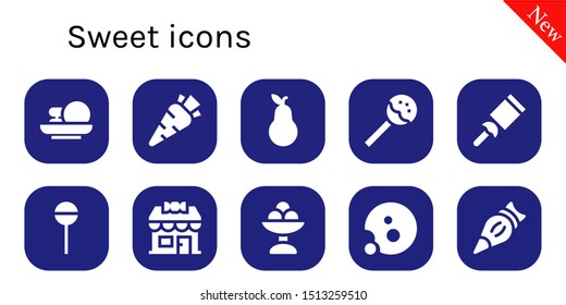 sweet icon set. 10 filled sweet icons.  Simple modern icons about  - Cakes, Carrot, Pear, Lollipop, Candy, Candy shop, Ice cream, Cookie, Pastry bag