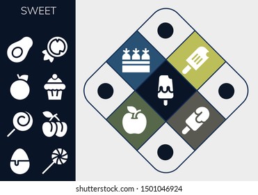 sweet icon set. 13 filled sweet icons.  Collection Of - Ice cream, Candy, Sweet, Lollipop, Plum, Orange, Muffin, Avocado, Coconut, Carrots, Apple, Popsicle
