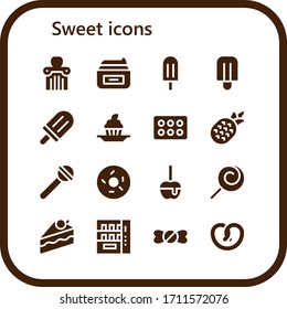 sweet icon set. 16 filled sweet icons.  Simple modern icons such as: Apple, Cream, Popsicle, Cupcake, Pineapple, Lollipop, Doughnut, Caramelized apple, Cake, Vending machine, Candy shop