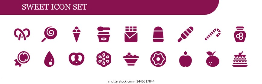 sweet icon set. 18 filled sweet icons.  Collection Of - Pretzel, Lollipop, Ice cream, Chocolate bar, Candy, Popsicle, Candy cane, Honey, Coconut, Liquify, Berry, Fruit bowl, Donut