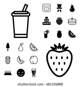 Sweet icon. set of 20 sweet filled and outline icons such as pear, smiling emot, ice cream on stick, strawberry, bear teddy, cocktail, soda, watermelon, pineapple, peach