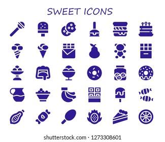  sweet icon set. 30 filled sweet icons. Simple modern icons about  - Lollipop, Ice cream, Cookie, Cake pop, Scone, Cake, Chocolate bar, Pear, Gummy bear, Chocolate, Doughnut, Cookies