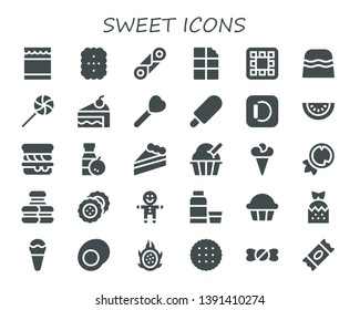 sweet icon set. 30 filled sweet icons.  Collection Of - Honey, Cookie, Cannoli, Chocolate, Waffle, Candy, Lollipop, Cake, Ice cream, Apple, Watermelon, Scone, Juice, Coconut, Macaron