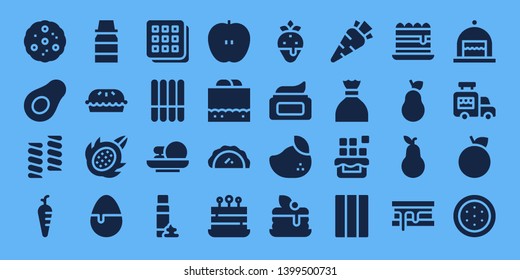 sweet icon set. 32 filled sweet icons. on blue background style Simple modern icons about  - Cookie, Avocado, Marshmallow, Carrot, Syrup, Pie, Dragon fruit, Candy, Waffle, Cakes