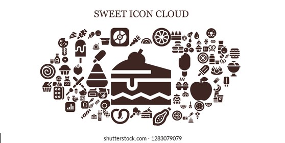  sweet icon set. 93 filled sweet icons. Simple modern icons about  - Cake, Carrot, Ice cream, Apple, Pastry, Mangosteen, Papaya, Pretzel, Syrup, Biscuit, Jelly, Candy corn, Cupcake