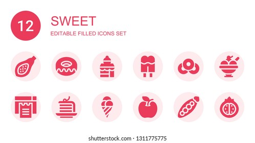 sweet icon set. Collection of 12 filled sweet icons included Papaya, Donut, Bakery shop, Cream, Doughnut, Cookies, Cake, Ice cream, Apple, Peas, Pomegranate