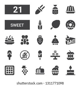 sweet icon set. Collection of 21 filled sweet icons included Cake, Cupcake, Grapes, Waffle, Apple, Macaron, Ice cream, No sweets, Cake slice, Strawberry, Gummy bear, Doughnut