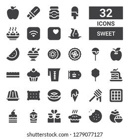 sweet icon set. Collection of 32 filled sweet icons included Mangosteen, Cookie, Pie, Broken heart, Milkshake, Cake, Waffle, Honey, Ice cream, Donut, Jelly, Cotton candy, Bakery