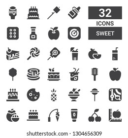 sweet icon set. Collection of 32 filled sweet icons included Apple, Cherry, Cream, Carrot, Cake, Mangosteen, Lollipop, Ice cream, Pineapple, Cookie, Comb, Yogurt, Pancake, Cotton candy