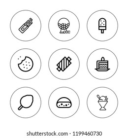 Sweet icon set. collection of 9 outline sweet icons with cake slice, cake, candy, chocolate bar, cotton candy, cookie, gum, ice cream icons. editable icons.