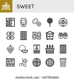conjunto de iconos dulces. Colección de helados, bar, hippie, kiwi, chupete, pastel de queso, chocolate, malvavisco, oso gummy, beehive, bollo, uvas, melón, sandía, iconos de pasteles