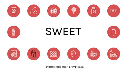 sweet icon set. Collection of Pretzel, Cherry, Pomegranate, Lollipop, Mayonnaise, Chewing gum, Donut, Hippie, Cookie, Chocolate egg, Sticky rice, Wedding car, Cookies, Corn icons
