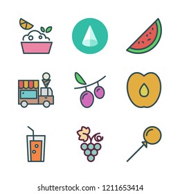 sweet icon set. vector set about juice, watermelon, peach and cone icons set.