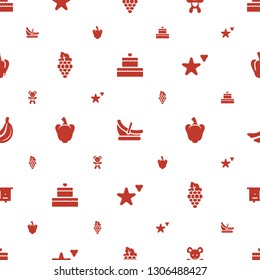 sweet icons pattern seamless white background. Included editable filled cake, baby basket, bear teddy, grape, pepper, cookie, banana, beehouse icons. sweet icons for web and mobile.