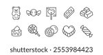 Sweet icons. Set of 10 trendy minimal icons representing various desserts and candies. Cupcake, Lollipop, Cookie, Gummy Bear icon. Design signs for web page, mobile app. Vector illustration