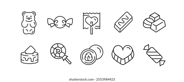 Sweet icons. Set of 10 trendy minimal icons representing various desserts and candies. Cupcake, Lollipop, Cookie, Gummy Bear icon. Design signs for web page, mobile app. Vector illustration