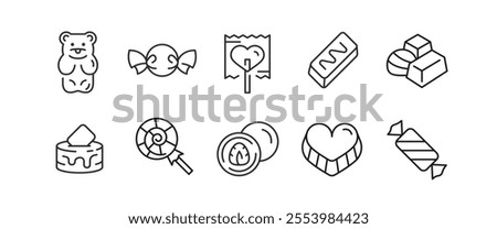 Sweet icons. Set of 10 trendy minimal icons representing various desserts and candies. Cupcake, Lollipop, Cookie, Gummy Bear icon. Design signs for web page, mobile app. Vector illustration