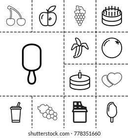 Sweet icons. set of 13 editable outline sweet icons such as orange, drink, cake, ice cream on stick, apple, banana, ice cream, grape, cookies, cherry, grape