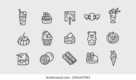 Sweet icons. Set of 15 trendy minimal icons representing various desserts and candies. Ice Cream, Cupcake, Lollipop, Cookie, Gummy Bear icon. Design signs for web page, mobile app. Vector illustration