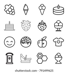 Sweet icons. set of 16 editable outline sweet icons such as honey, grape, smiling emot, ice cream, donut, ice cream ball, apple, t-shirt with heart, strawberry, cake