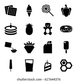 Sweet icons set. set of 16 sweet filled icons such as teddy bear, cookies, honey, ice cream, ice cream on stick, donut, lollipop, raspberry, pepper, cereal, piece of cake