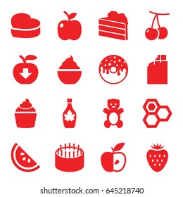 Sweet icons set. set of 16 sweet filled icons such as cherry, teddy bear, honey, cake, donut, maple syrup, milkshake, muffin, apple, heart cake, watermelon, strawberry