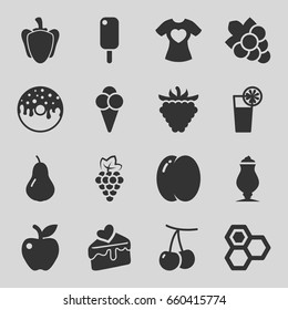 Sweet icons set. set of 16 sweet filled icons such as pear, peach, cherry, grape, honey, grape, donut, milkshake, apple, raspberry, pepper, t-shirt with heart, cake slice