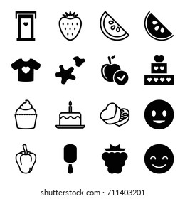 Sweet icons set. set of 16 sweet filled and outline icons such as mulberry, door with heart, apple, smiling emot, ice cream on stick, t-shirt with heart, cookie, watermelon