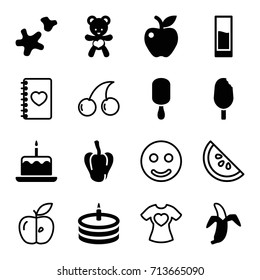 Sweet icons set. set of 16 sweet filled and outline icons such as pepper, cake with one candle, ice cream on stick, apple, banana, bear teddy, cookie, cake, drink, ice cream