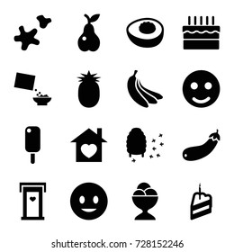 Sweet icons set. set of 16 sweet filled icons such as door with heart, smiling emot, ice cream ball, pear, honeycomb, aubergine, cereal, home with heart, cake, cookie