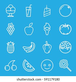 sweet icons set. Set of 16 sweet outline icons such as orange, grape, banana, pepper, apple, Cherry, donut, lollipop, ice cream, piece of cake, watermelon, pineapple