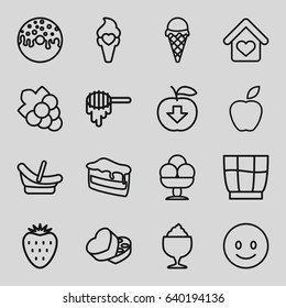 Sweet icons set. set of 16 sweet outline icons such as honey, baby basket, grape, piece of cake, donut, milkshake, ice cream, sweet box, love home, drink, strawberry