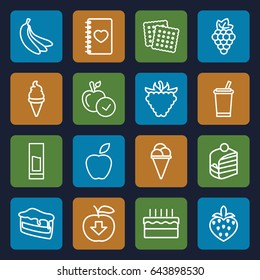 Sweet icons set. set of 16 sweet outline icons such as grape, cookies, apple, piece of cake, ice cream, raspberry, notebook with heart, strawberry, cake, drink, banana