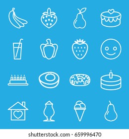 Sweet icons set. set of 16 sweet outline icons such as pear, ice cream, donut, milkshake, pepper, home with heart, strawberry, heart lock, cake, avocado, banana, smiling emot