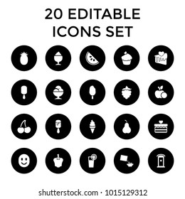 Sweet icons. set of 20 editable filled sweet icons such as ice cream, ice cream on stick, milkshake, cereal, muffin, cocktail. best quality sweet elements in trendy style.