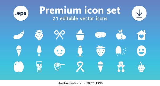 Sweet icons. set of 21 editable filled sweet icons includes strawberry, peach, honey, teddy bear, smiling emot, ice cream, ice cream on stick, milkshake, muffin, honeycomb
