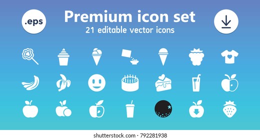 Sweet icons. set of 21 editable filled sweet icons includes strawberry, mulberry, banana, cake, ice cream, ice cream in can, lollipop, drink, apple, cereal, t-shirt with heart