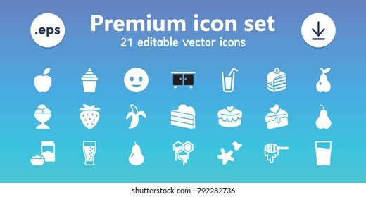 Sweet icons. set of 21 editable filled sweet icons includes pear, honey, smiling emot, cake, ice cream in can, piece of cake, ice cream ball, apple, banana, cake slice
