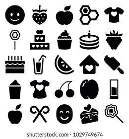 Sweet icons. set of 25 editable filled sweet icons such as peach, honey, cherry, smiling emot, cake, muffin, lollipop, apple, raspberry, cake slice, candy cane, love home