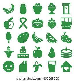 Sweet icons set. set of 25 sweet filled icons such as potato, pear, mulberry, banana, corn, door with heart, apple, smiling emot, ice cream ball, strawberry, heart lock, cake