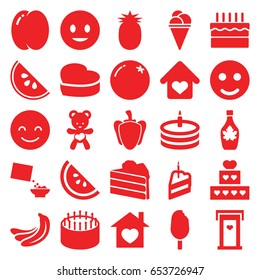 Sweet icons set. set of 25 sweet filled icons such as orange, peach, banana, door with heart, smiling emot, cake, ice cream, maple syrup, pepper, cereal, home with heart