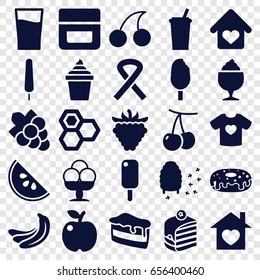 Sweet icons set. set of 25 sweet filled icons such as cherry, banana, honey, cream, cherry, grape, piece of cake, ice cream on stick, donut, milkshake, raspberry, honeycomb