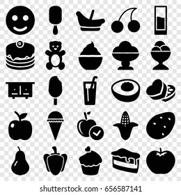 Sweet icons set. set of 25 sweet filled icons such as potato, pear, apple, corn, beehouse, teddy bear, baby basket, cherry, piece of cake, ice cream, ice cream on stick, cake