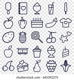 Sweet icons set. set of 25 sweet outline icons such as potato, cherry, mulberry, pepper, corn, beehouse, cherry, ice cream on stick, ice cream in can, ice cream ball
