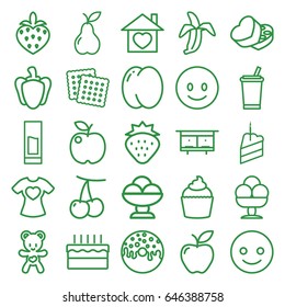 Sweet icons set. set of 25 sweet outline icons such as strawberry, peach, cherry, beehouse, cookies, donut, muffin, apple, pear, banana, pepper, t-shirt with heart