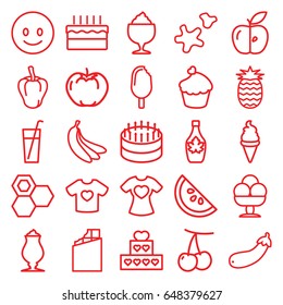 Sweet icons set. set of 25 sweet outline icons such as cherry, pepper, apple, honey, ice cream, maple syrup, milkshake, aubergine, t-shirt with heart, muffin, cake, cookie