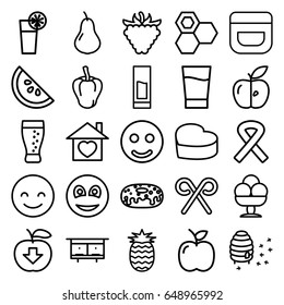 Sweet icons set. set of 25 sweet outline icons such as pear, pepper, beehouse, honey, cream, donut, raspberry, honeycomb, apple, home with heart, heart cake, smiley, cocktail